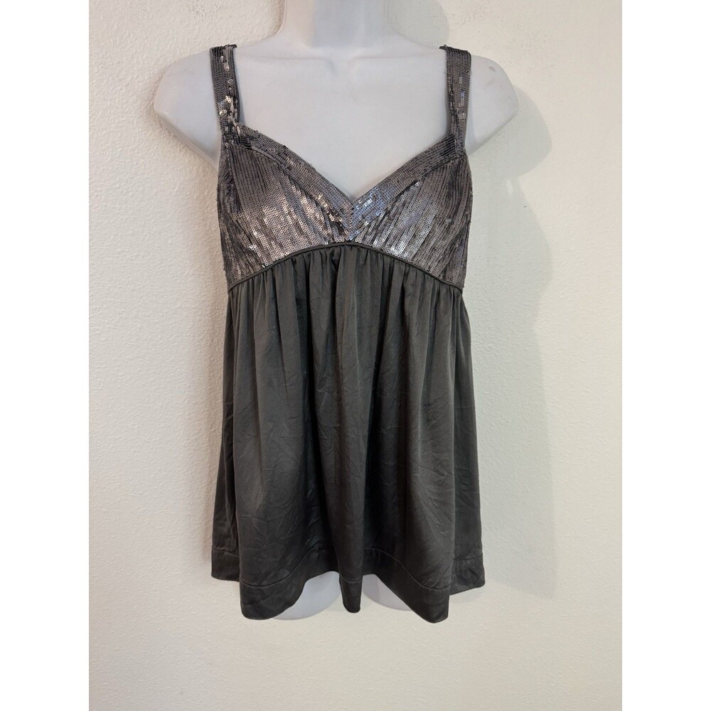 Moda International Tank Top Baby Doll Y2K Silver Sequin Silk Holiday Party L